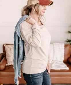 No Ship Drop Ship Just Warming Up Soft Terry Top In Taupe Apparel