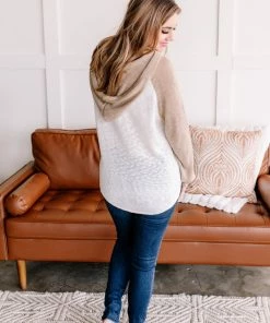 No Ship Drop Ship Spin A Tale Hooded Knit Sweater In Mocha & Ivory (GHG-S)