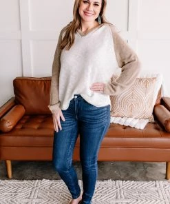 No Ship Drop Ship Spin A Tale Hooded Knit Sweater In Mocha & Ivory (GHG-S)