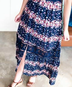 No Ship Drop Ship Apparel Ebb And Flow Maxi Dress In Navy Florals