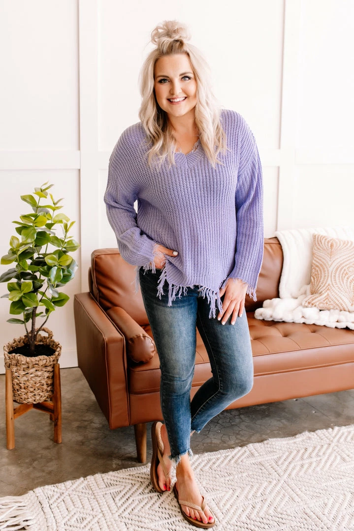 No Ship Drop Ship Apparel Cheap Frills Frayed V Neck Sweater In Lavender 4 No Ship Drop Ship Apparel Cheap Frills Frayed V Neck Sweater In Lavender