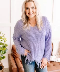 No Ship Drop Ship Apparel Cheap Frills Frayed V Neck Sweater In Lavender