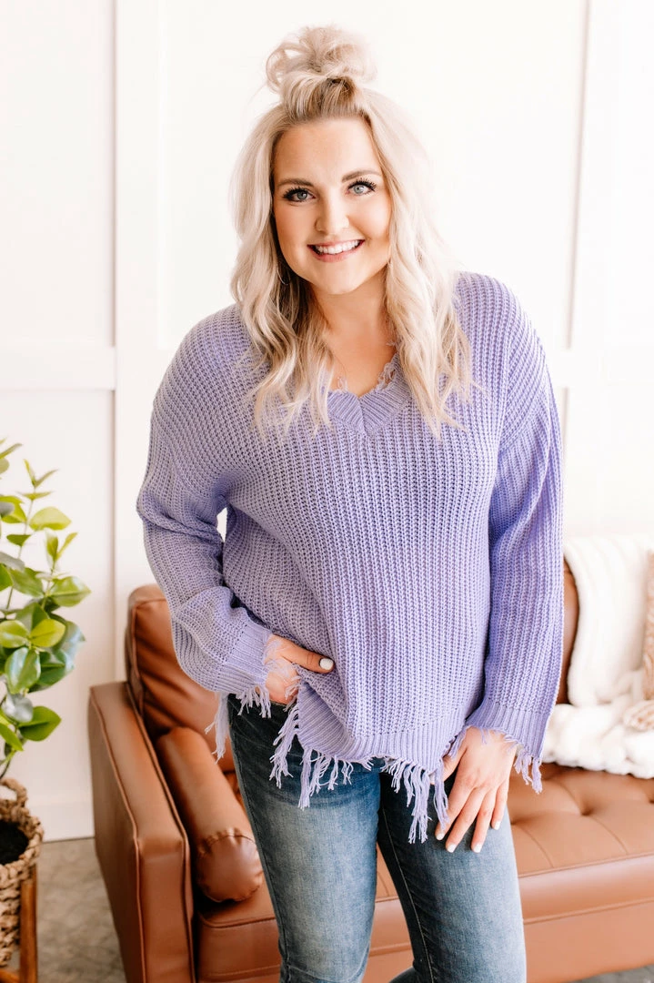 No Ship Drop Ship Apparel Cheap Frills Frayed V Neck Sweater In Lavender 1 No Ship Drop Ship Apparel Cheap Frills Frayed V Neck Sweater In Lavender