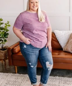 No Ship Drop Ship Apparel Just Wash Me Acid Wash Tee In Purple Essence