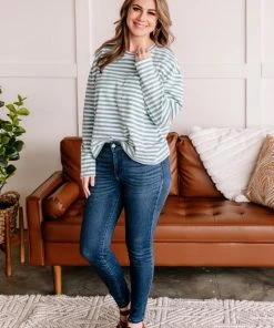 No Ship Drop Ship Apparel Go Big Striped Top In Sea Salt