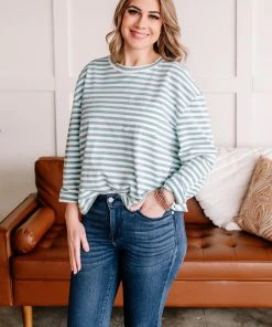 No Ship Drop Ship Apparel Go Big Striped Top In Sea Salt