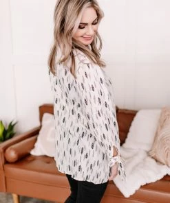 No Ship Drop Ship Feather Together Blouse In Ivory & Black
