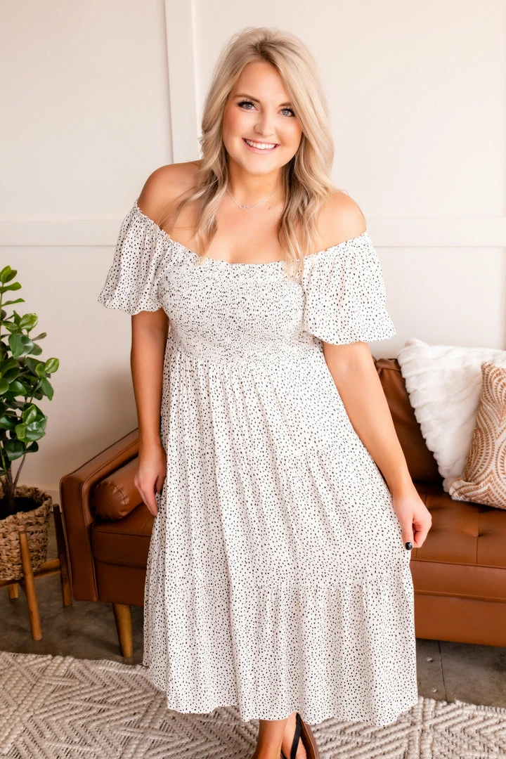 No Ship Drop Ship The Best Of Me Smocked Midi Dress In Black & Ivory (GHG-S) 12 No Ship Drop Ship The Best Of Me Smocked Midi Dress In Black & Ivory (GHG-S)