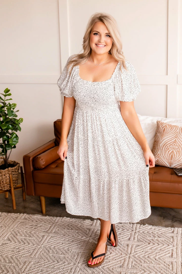 No Ship Drop Ship The Best Of Me Smocked Midi Dress In Black & Ivory (GHG-S) 1 No Ship Drop Ship The Best Of Me Smocked Midi Dress In Black & Ivory (GHG-S)