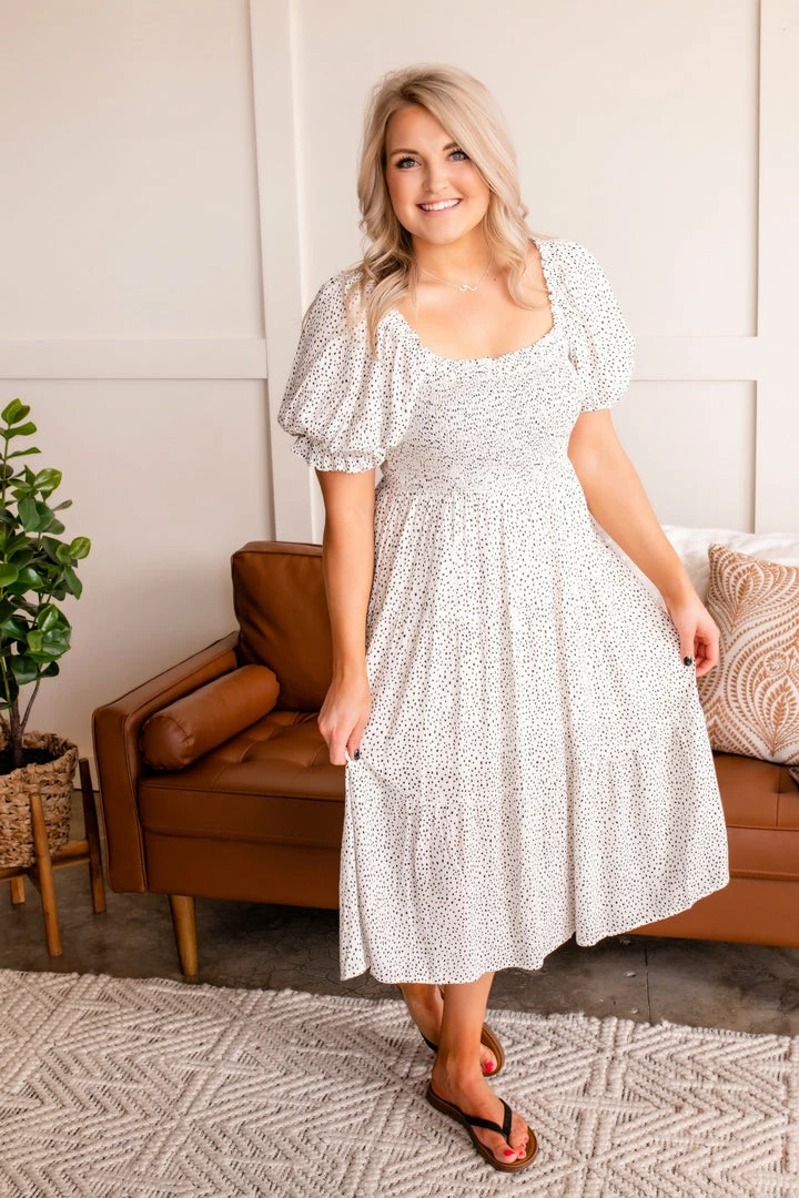 No Ship Drop Ship The Best Of Me Smocked Midi Dress In Black & Ivory (GHG-S) 14 No Ship Drop Ship The Best Of Me Smocked Midi Dress In Black & Ivory (GHG-S)