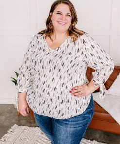 No Ship Drop Ship Feather Together Blouse In Ivory & Black