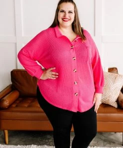 No Ship Drop Ship The Decision Is Final Button Down Waffle Knit Top In Hot Pink
