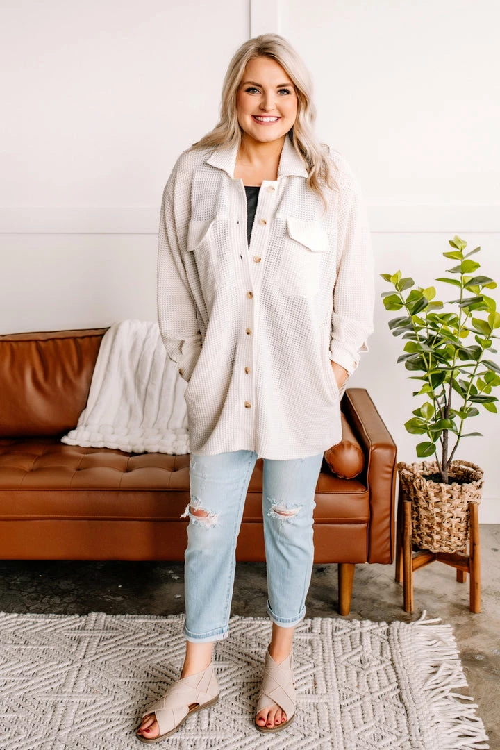 No Ship Drop Ship Crème De La Crème Button Down Waffle Knit Shacket Apparel 10 No Ship Drop Ship Crème De La Crème Button Down Waffle Knit Shacket Apparel