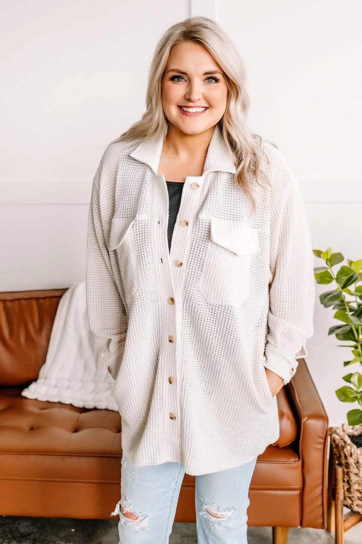 No Ship Drop Ship Crème De La Crème Button Down Waffle Knit Shacket Apparel 1 No Ship Drop Ship Crème De La Crème Button Down Waffle Knit Shacket Apparel