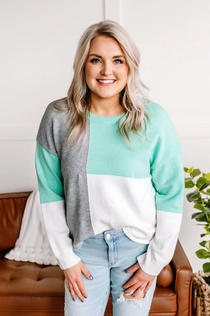 No Ship Drop Ship See You Later Colorblock Sweater In Mint & Gray Apparel 4 No Ship Drop Ship See You Later Colorblock Sweater In Mint & Gray Apparel