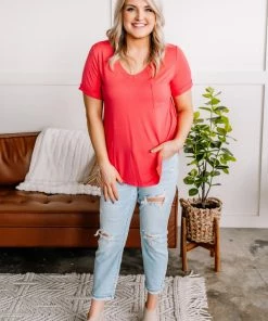 No Ship Drop Ship Apparel Drawn To You V Neck Short Sleeve Top In Watermelon