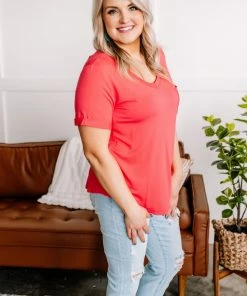 No Ship Drop Ship Drawn To You V Neck Short Sleeve Top In Watermelon (GHG) Tops