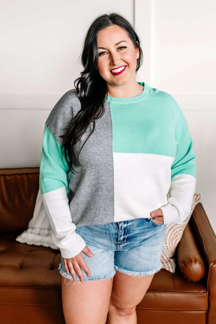 No Ship Drop Ship See You Later Colorblock Sweater In Mint & Gray Apparel 1 No Ship Drop Ship See You Later Colorblock Sweater In Mint & Gray Apparel