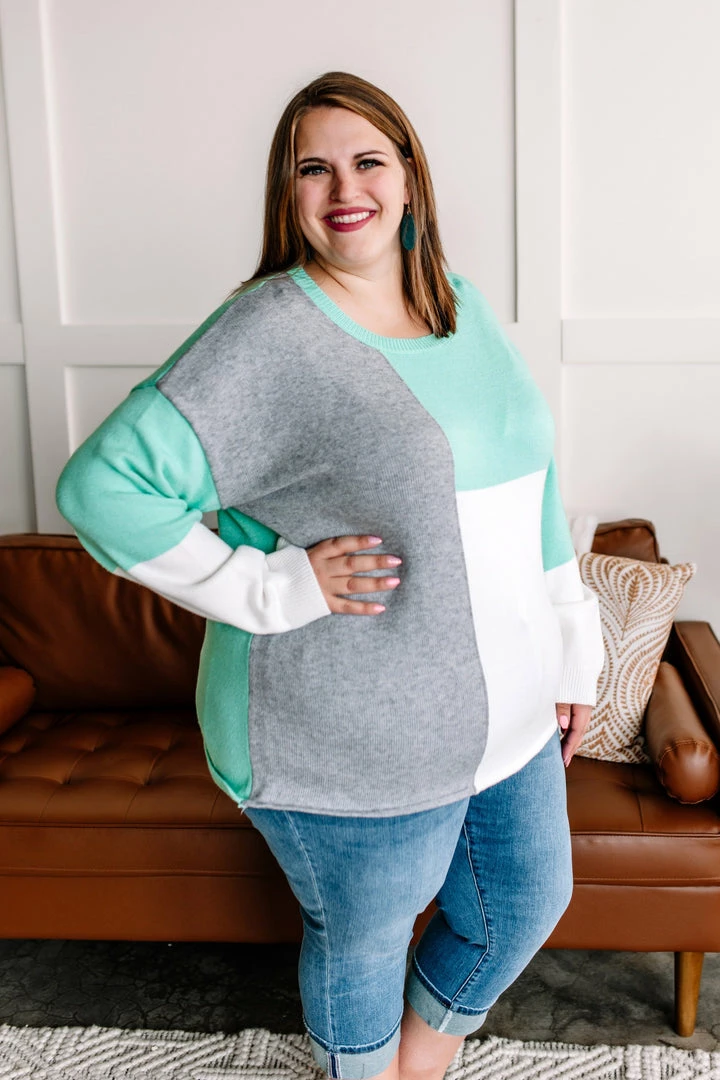No Ship Drop Ship See You Later Colorblock Sweater In Mint & Gray Apparel 5 No Ship Drop Ship See You Later Colorblock Sweater In Mint & Gray Apparel
