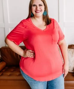 No Ship Drop Ship Drawn To You V Neck Short Sleeve Top In Watermelon (GHG) Tops