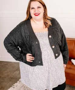 No Ship Drop Ship Legendary Cable Knit Cardigan In Charcoal