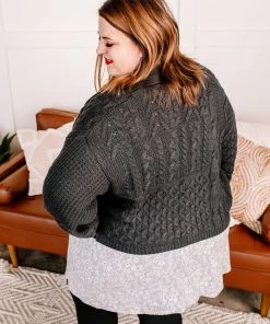 No Ship Drop Ship Legendary Cable Knit Cardigan In Charcoal