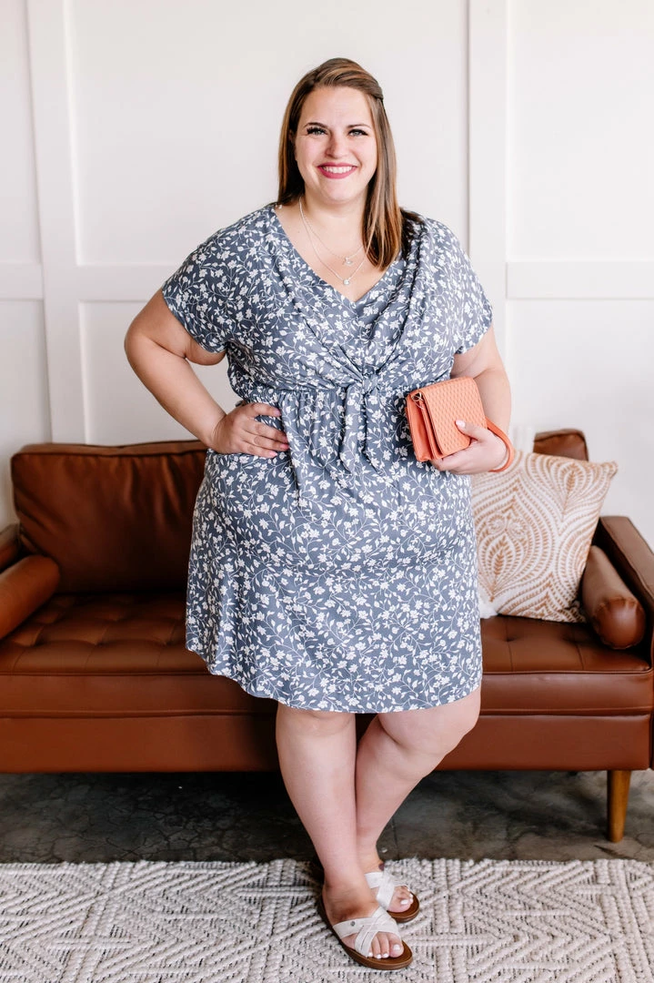 No Ship Drop Ship No Hesitation Tie Front Floral Dress In Vintage Blue (GHG-S) 2 No Ship Drop Ship No Hesitation Tie Front Floral Dress In Vintage Blue (GHG-S)