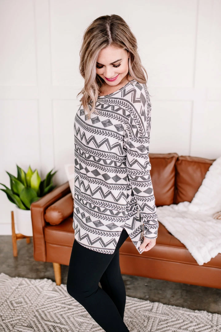 No Ship Drop Ship Apparel Out Of Print Aztec Top In Off White & Charcoal 2 No Ship Drop Ship Apparel Out Of Print Aztec Top In Off White & Charcoal