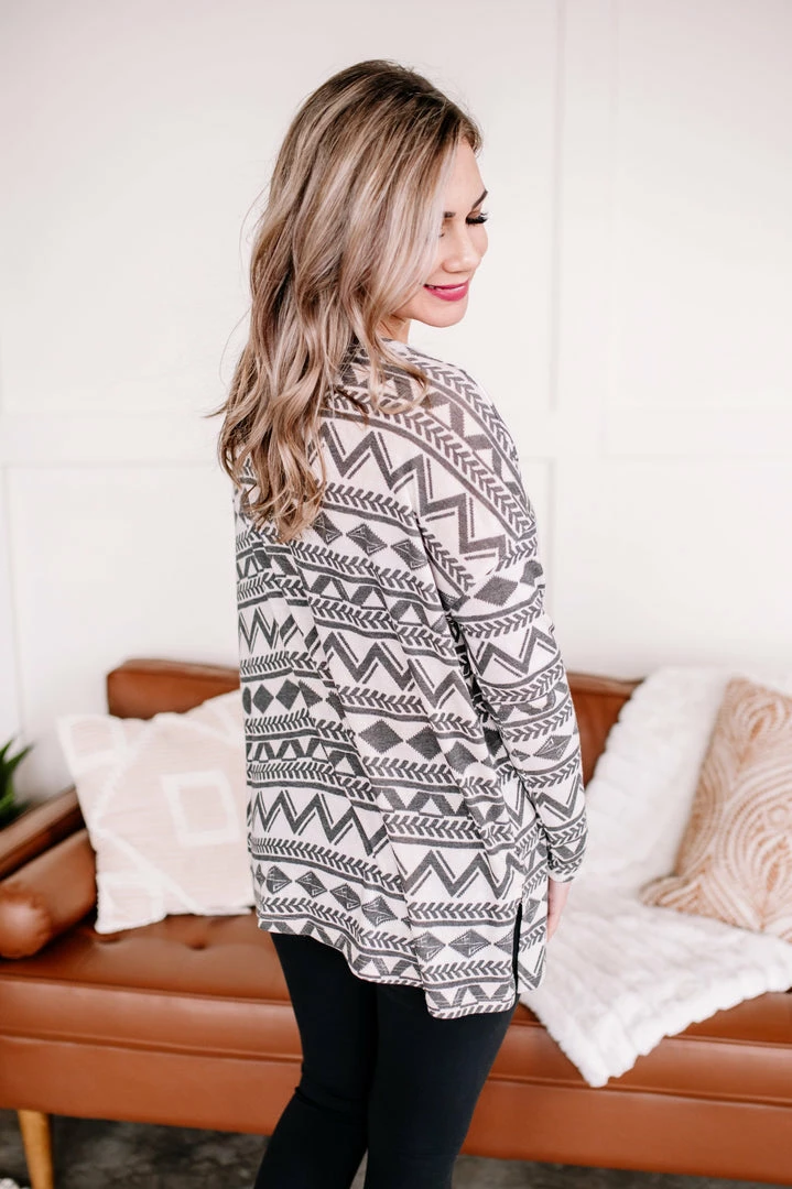 No Ship Drop Ship Apparel Out Of Print Aztec Top In Off White & Charcoal 4 No Ship Drop Ship Apparel Out Of Print Aztec Top In Off White & Charcoal