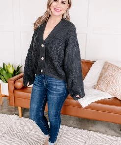 No Ship Drop Ship Legendary Cable Knit Cardigan In Charcoal