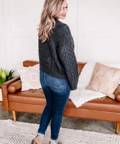 No Ship Drop Ship Legendary Cable Knit Cardigan In Charcoal