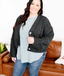 No Ship Drop Ship Legendary Cable Knit Cardigan In Charcoal