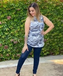 Boutique Simplified Essential Tank In Grey Camo