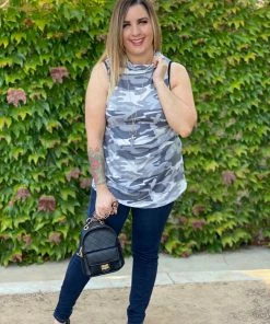 Boutique Simplified Essential Tank In Grey Camo