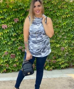 Boutique Simplified Essential Tank In Grey Camo