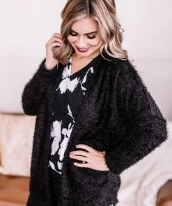 No Ship Drop Ship Stay With Me Feather Cardigan In Black Apparel