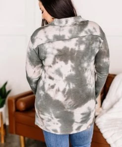 No Ship Drop Ship Speak My Peace Tie Dye Brushed Top In Vintage Olive