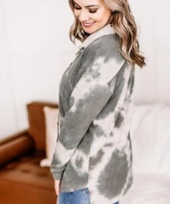 No Ship Drop Ship Speak My Peace Tie Dye Brushed Top In Vintage Olive