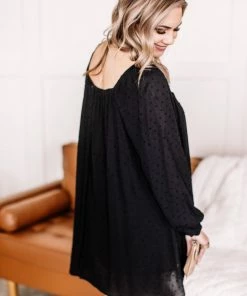 No Ship Drop Ship Home For The Holidays Swiss Dot Dress In Black