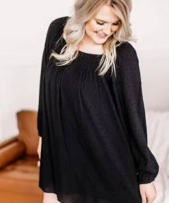 No Ship Drop Ship Home For The Holidays Swiss Dot Dress In Black