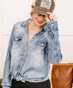 No Ship Drop Ship Worn Around The Edges Top In Denim