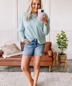 No Ship Drop Ship Apparel Go Big Striped Top In Sea Salt