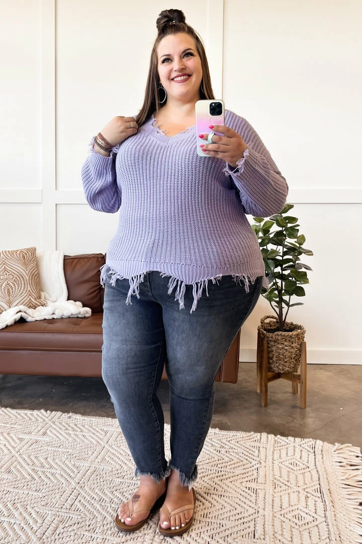 No Ship Drop Ship Apparel Cheap Frills Frayed V Neck Sweater In Lavender 7 No Ship Drop Ship Apparel Cheap Frills Frayed V Neck Sweater In Lavender