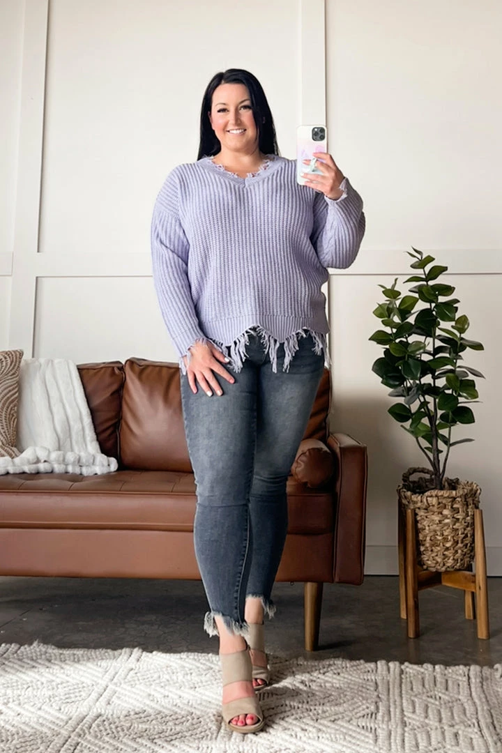No Ship Drop Ship Apparel Cheap Frills Frayed V Neck Sweater In Lavender 6 No Ship Drop Ship Apparel Cheap Frills Frayed V Neck Sweater In Lavender