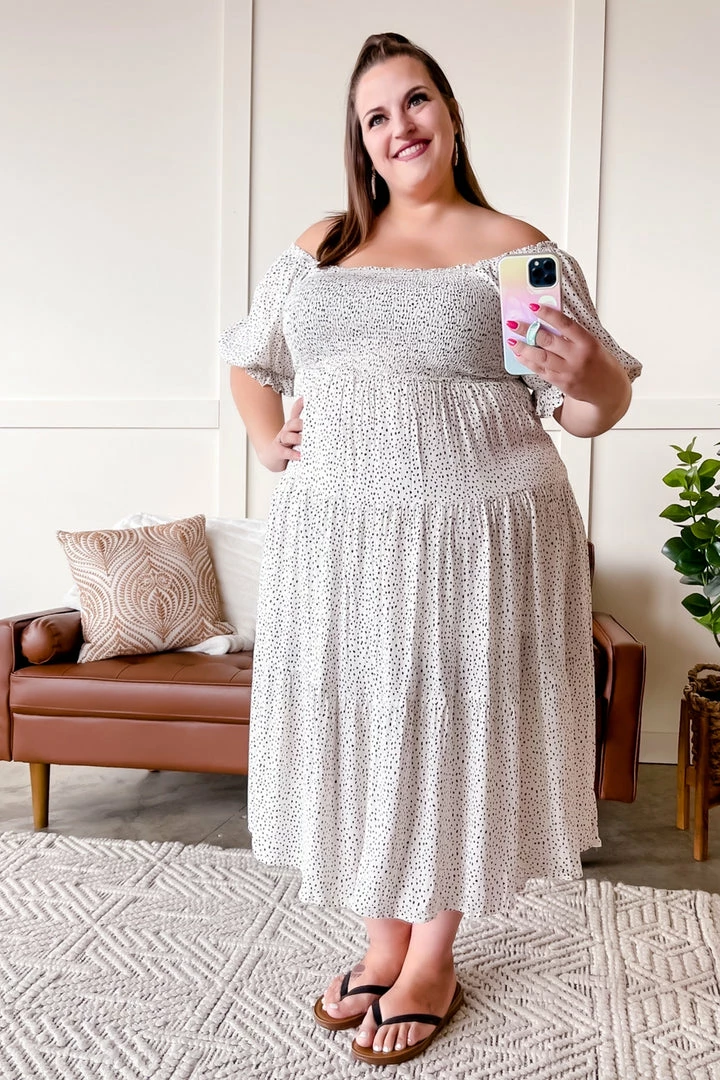 No Ship Drop Ship The Best Of Me Smocked Midi Dress In Black & Ivory (GHG-S) 10 No Ship Drop Ship The Best Of Me Smocked Midi Dress In Black & Ivory (GHG-S)