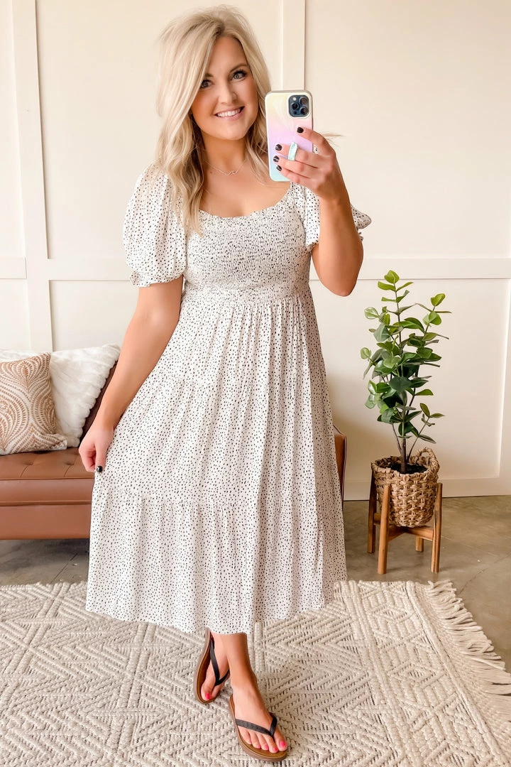 No Ship Drop Ship The Best Of Me Smocked Midi Dress In Black & Ivory (GHG-S) 4 No Ship Drop Ship The Best Of Me Smocked Midi Dress In Black & Ivory (GHG-S)