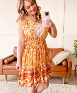 No Ship Drop Ship A Little Bird Told Me Floral Dress In Honey (GHG-S)