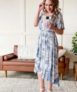 No Ship Drop Ship Apparel Point Break Flowy Surplice High Low Dress In Ocean Blue