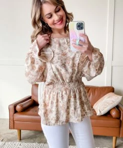 No Ship Drop Ship Counting Flowers Floral Smocked Blouse In Peach Apparel