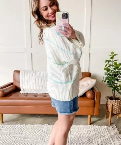 No Ship Drop Ship Double Your Fun Sweater In Spearmint And Cream Apparel